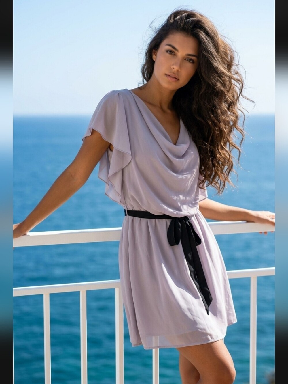 Allegra K  Gray Flutter Sleeve Cowl Neck Mini Belted Chiffon Dress Size L